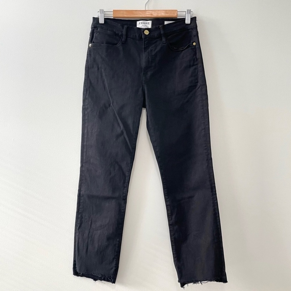FRAME Denim Le High Straight Leg Staggered Raw Hem Jeans Black High Waist Sz 30